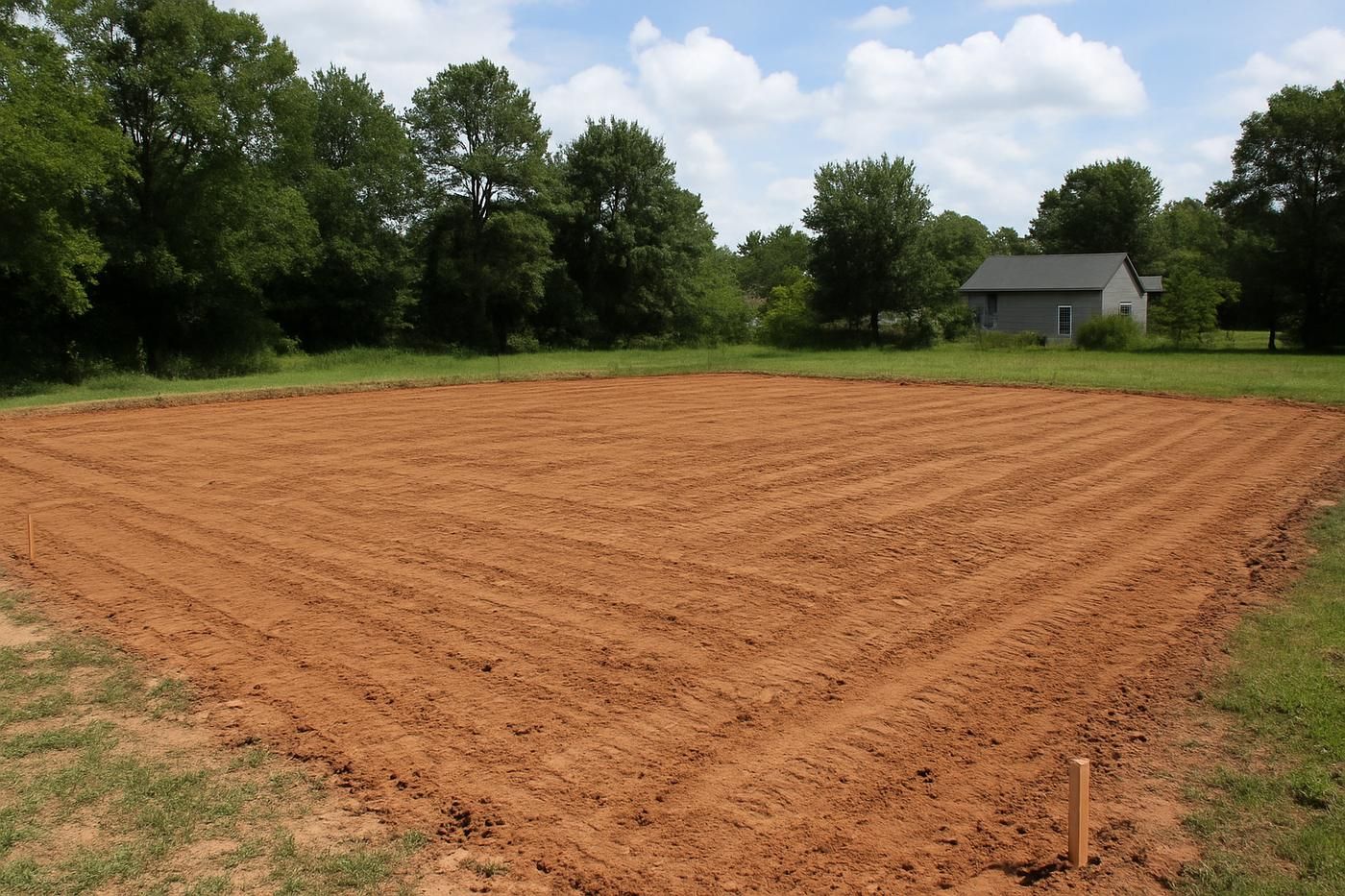 A freshly graded rectangular dirt pad with stakes set at the corners